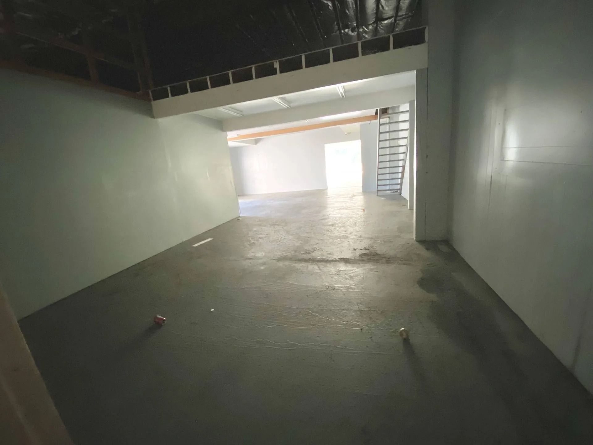 Empty indoor corridor with glossy floor, green walls, and bright daylight at the far end