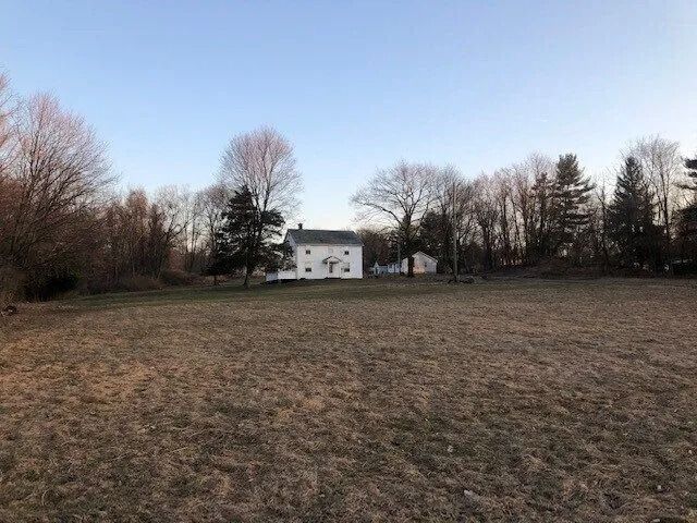 Empty grassy field with leafless trees and a white house in the distance under a clear sky