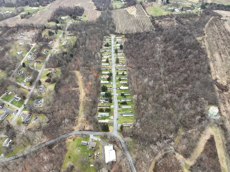 Aerial view of a rural neighborhood with rows of houses beside wooded areas and open fields.