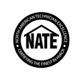 NATE certification logo in black and white with “North American Technician Excellence” and “Certifying the Finest in HVAC”