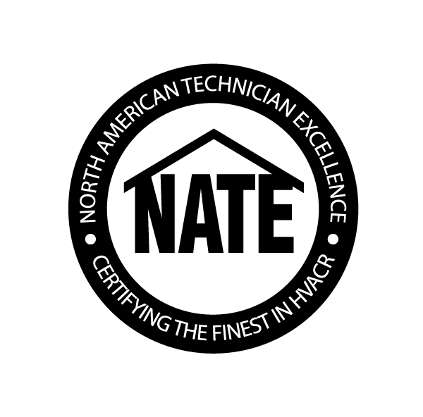 NATE certification logo in black and white with “North American Technician Excellence” and “Certifying the Finest in HVAC”