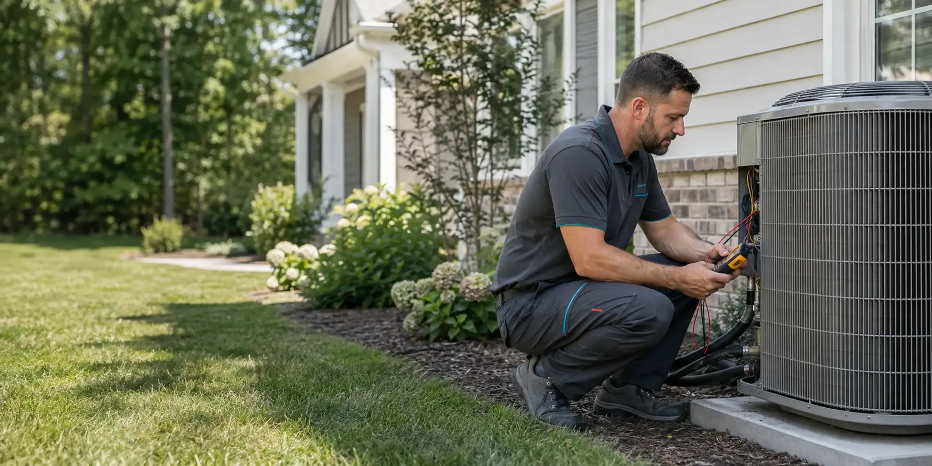 Radiant Air Systems technician performing maintenance on a home AC unit