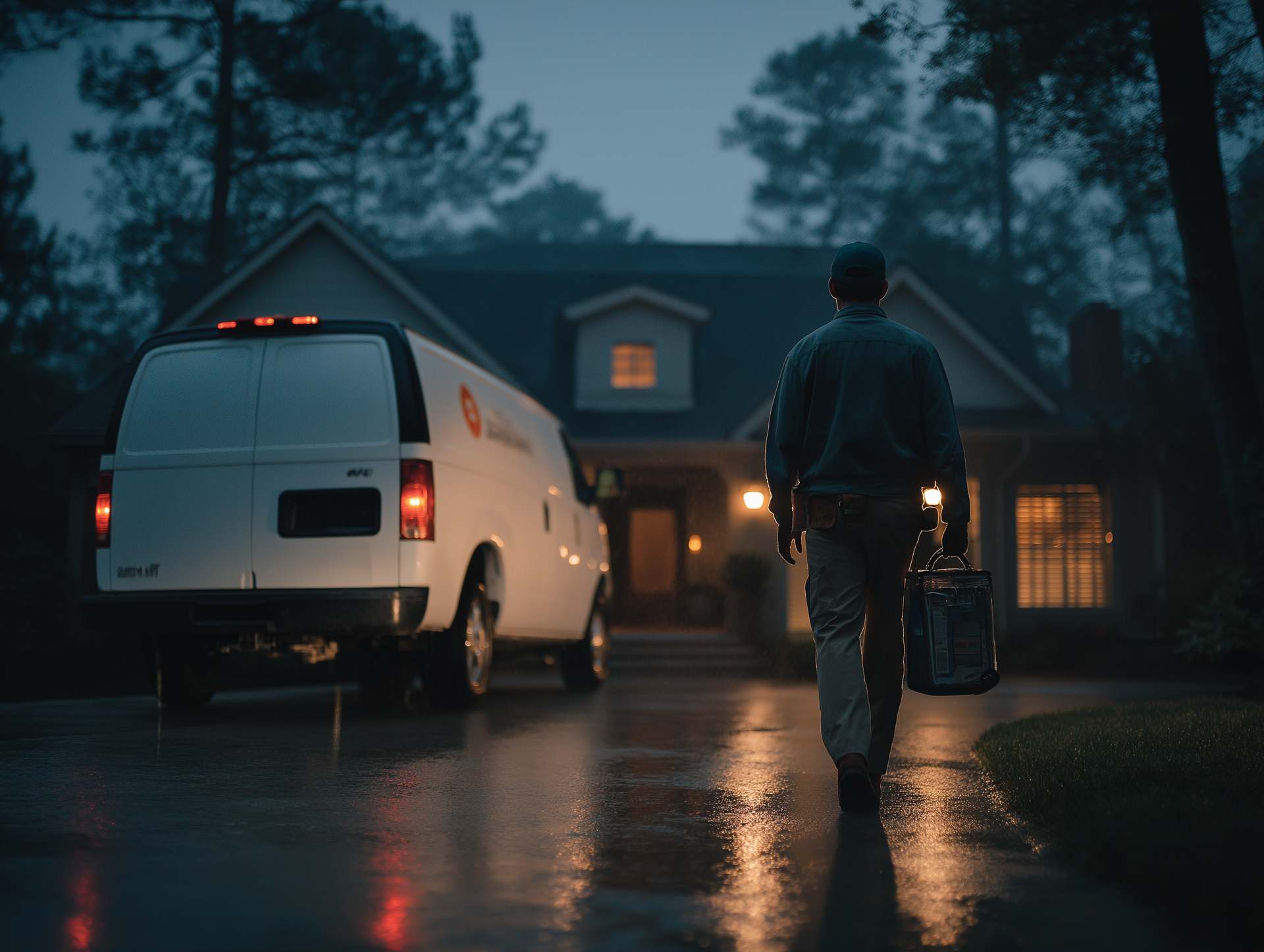 Person walking toward a white van and house at dusk, carrying luggage on a wet driveway