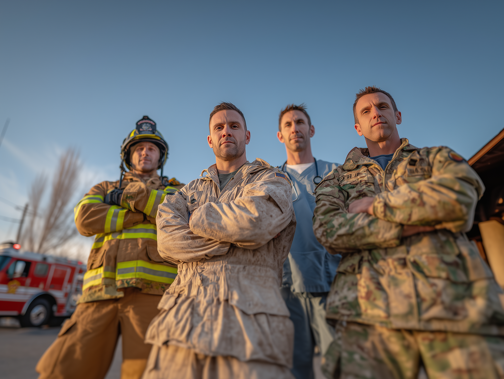 Four firefighters in turnout gear stand with arms crossed against a clear sky.