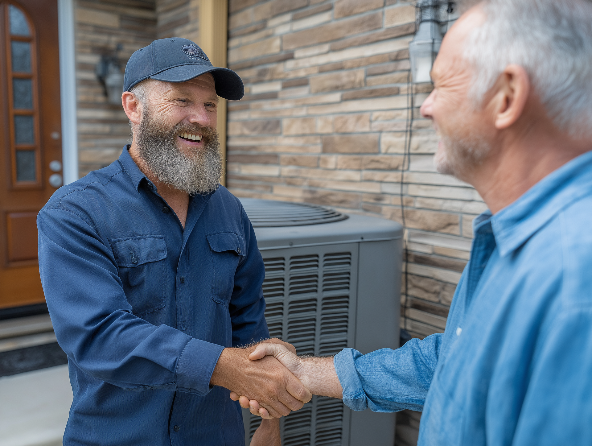 Two men shaking hands outside a building beside an air conditioner unit
