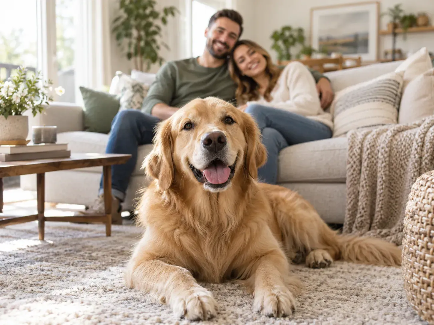 A happy couple and their golden retriever relaxing in a comfortable living room