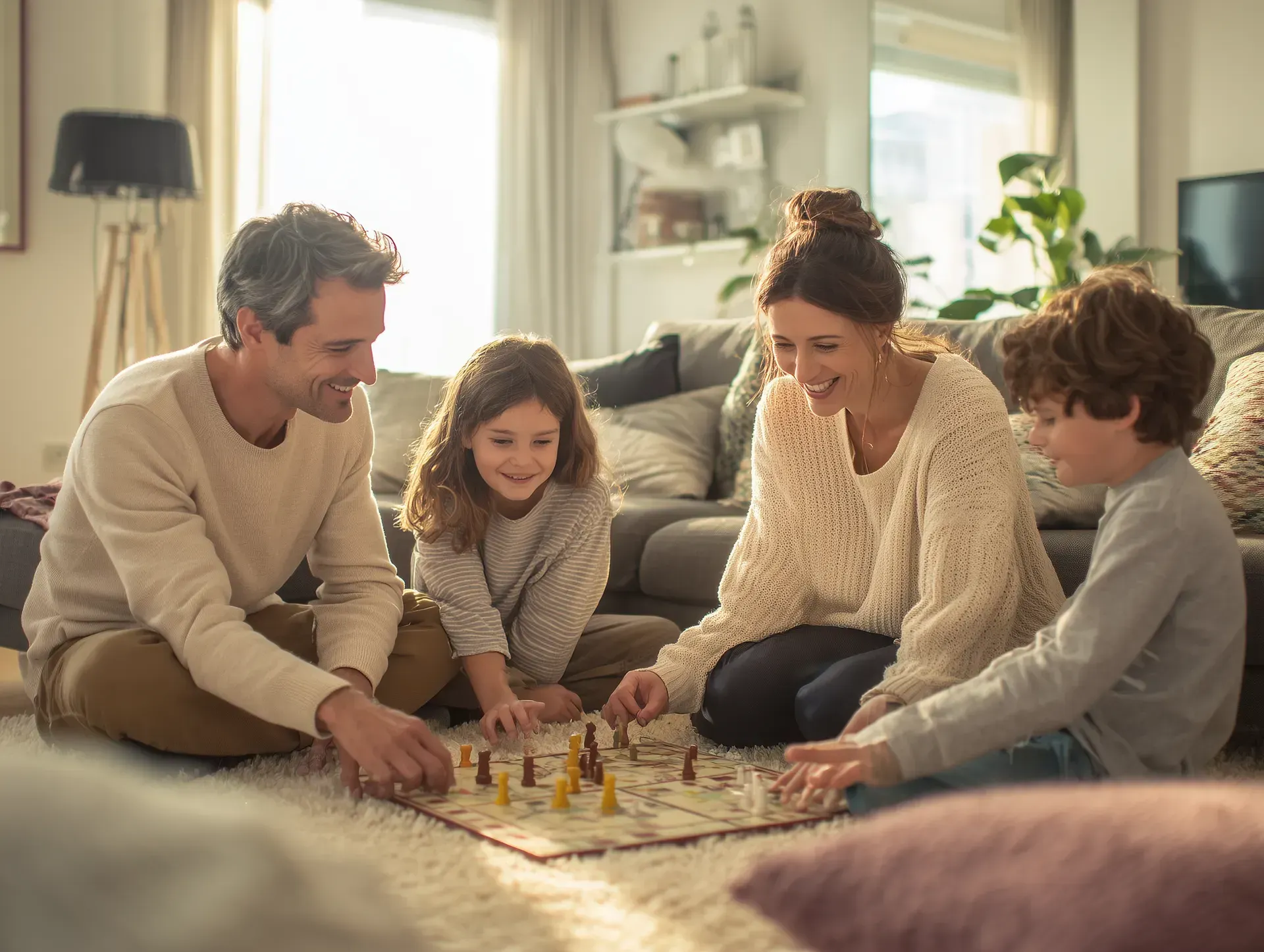 A family playing a board game in their comfortable living room