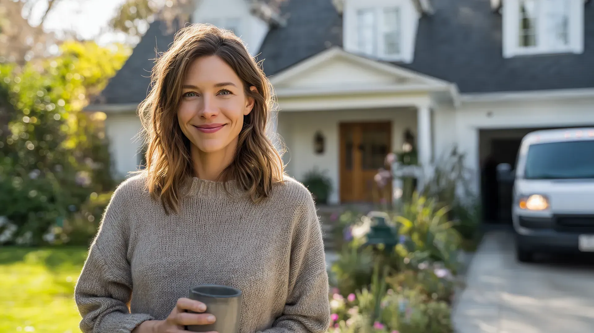 A homeowner relaxing with coffee outside her home in the morning