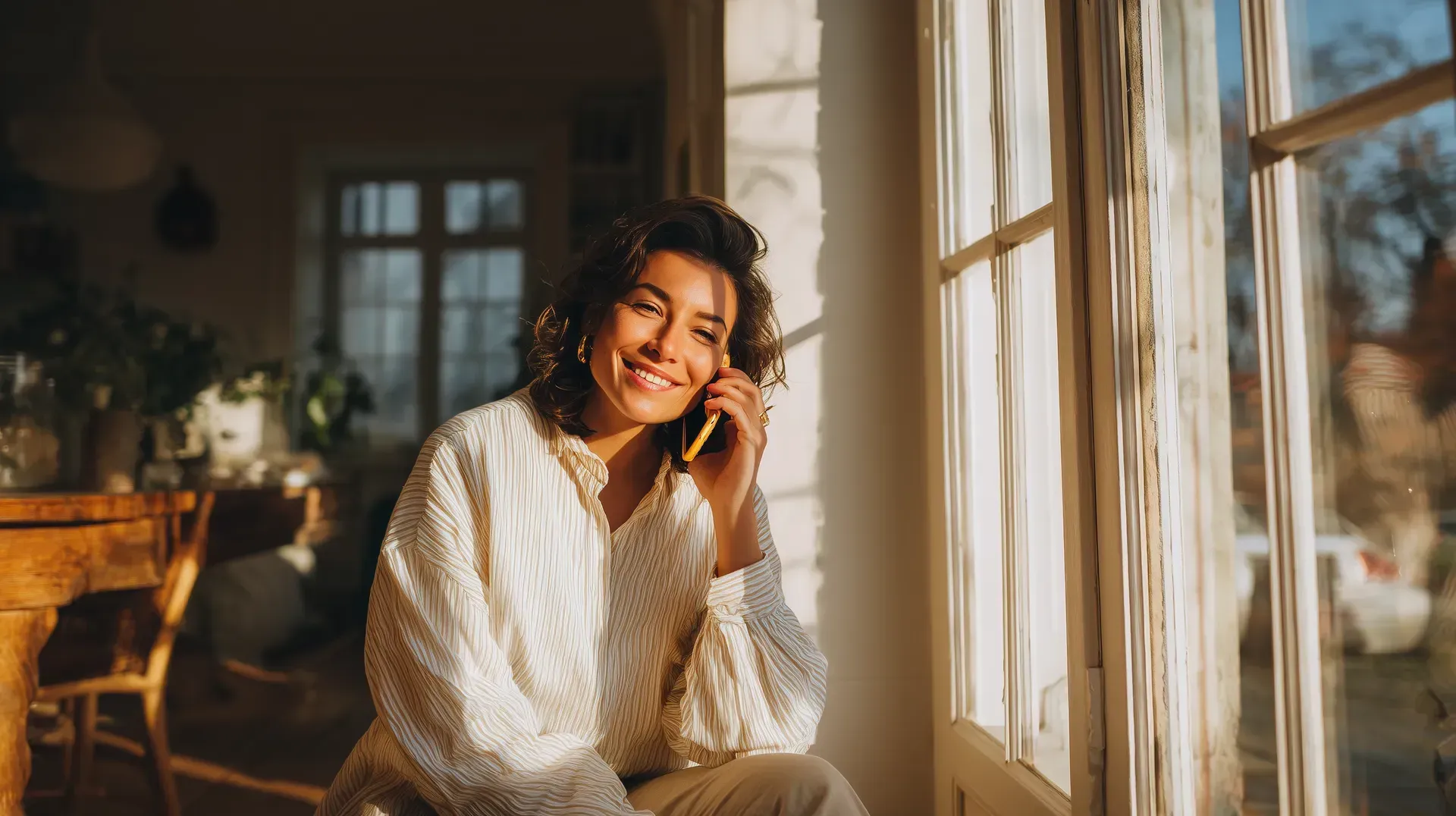 A homeowner on the phone by a sunny window