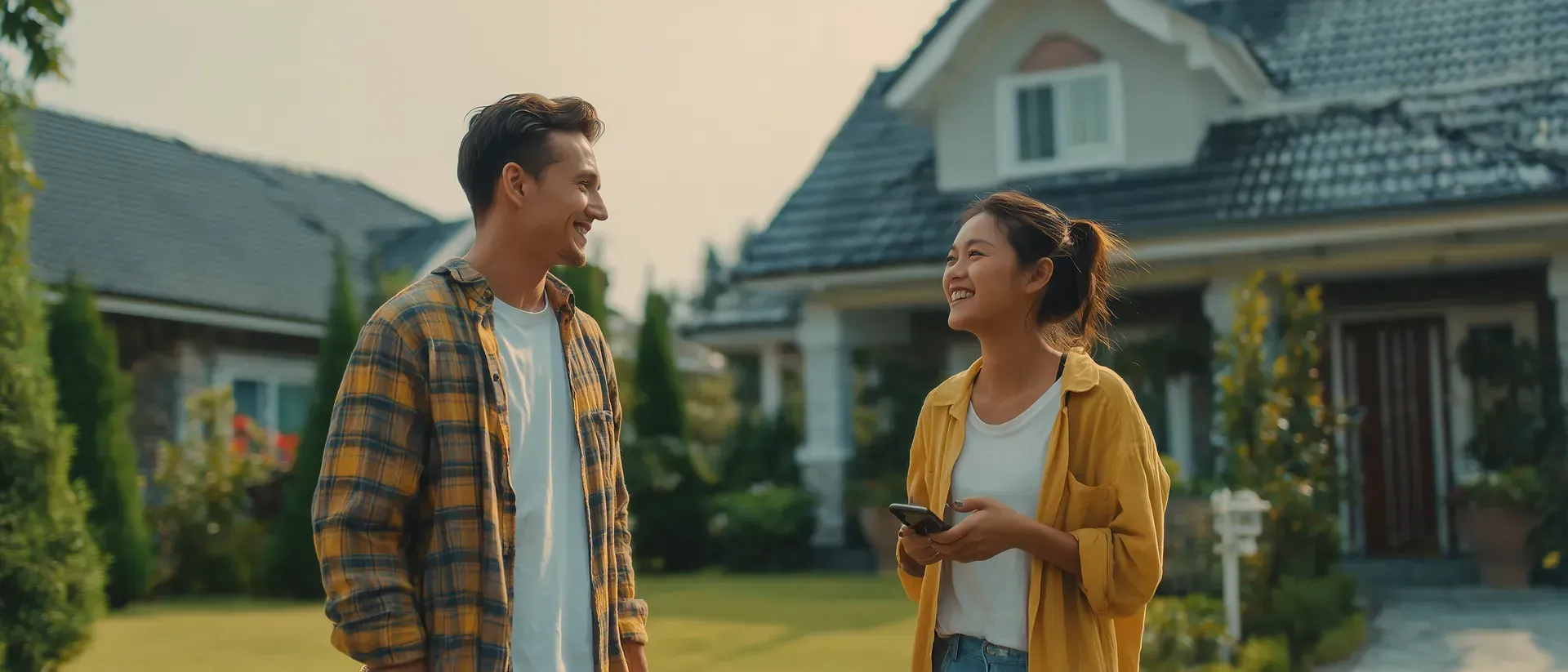 Two neighbors chatting in a front yard