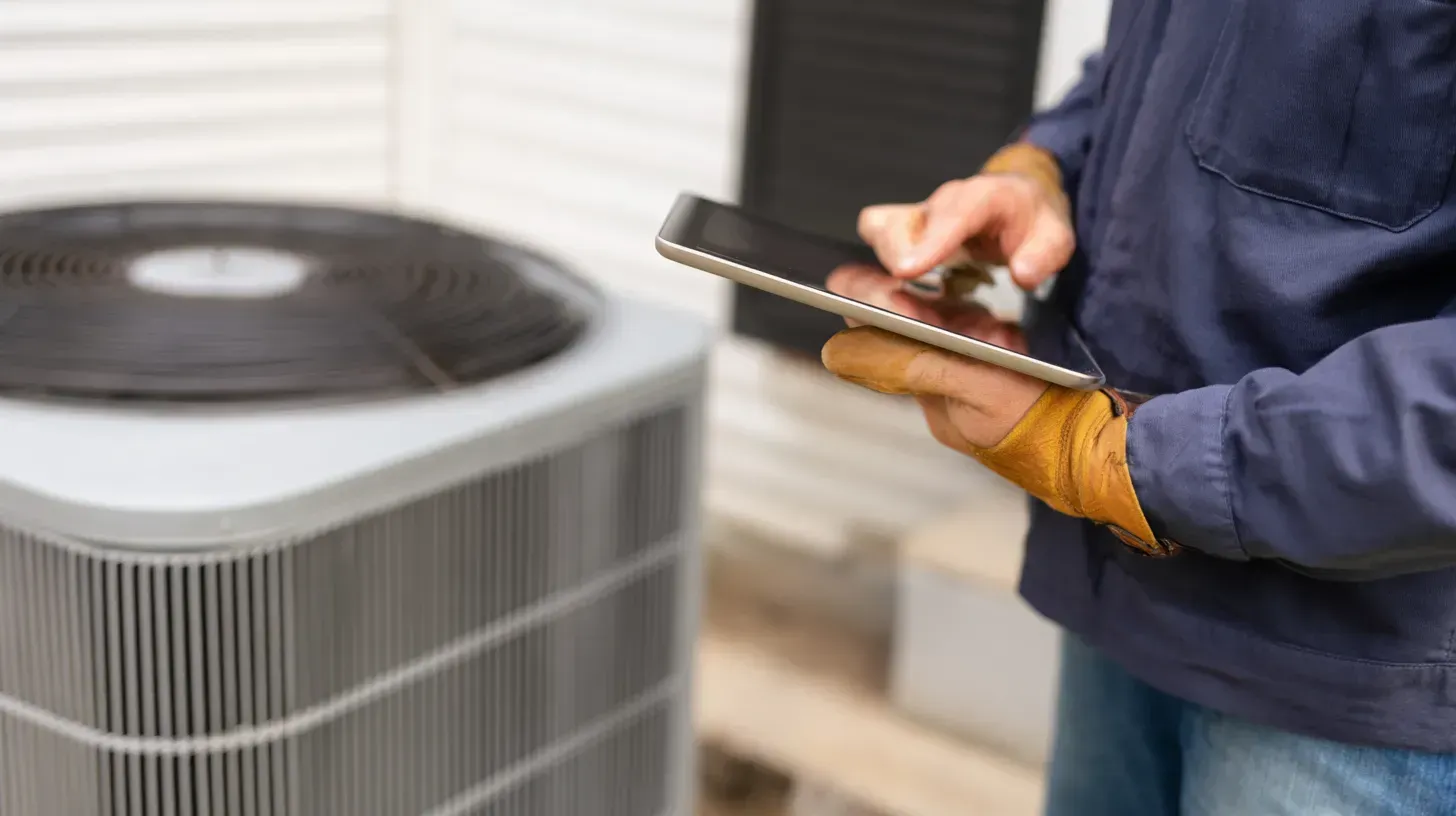 A technician checking an outdoor AC unit with a tablet
