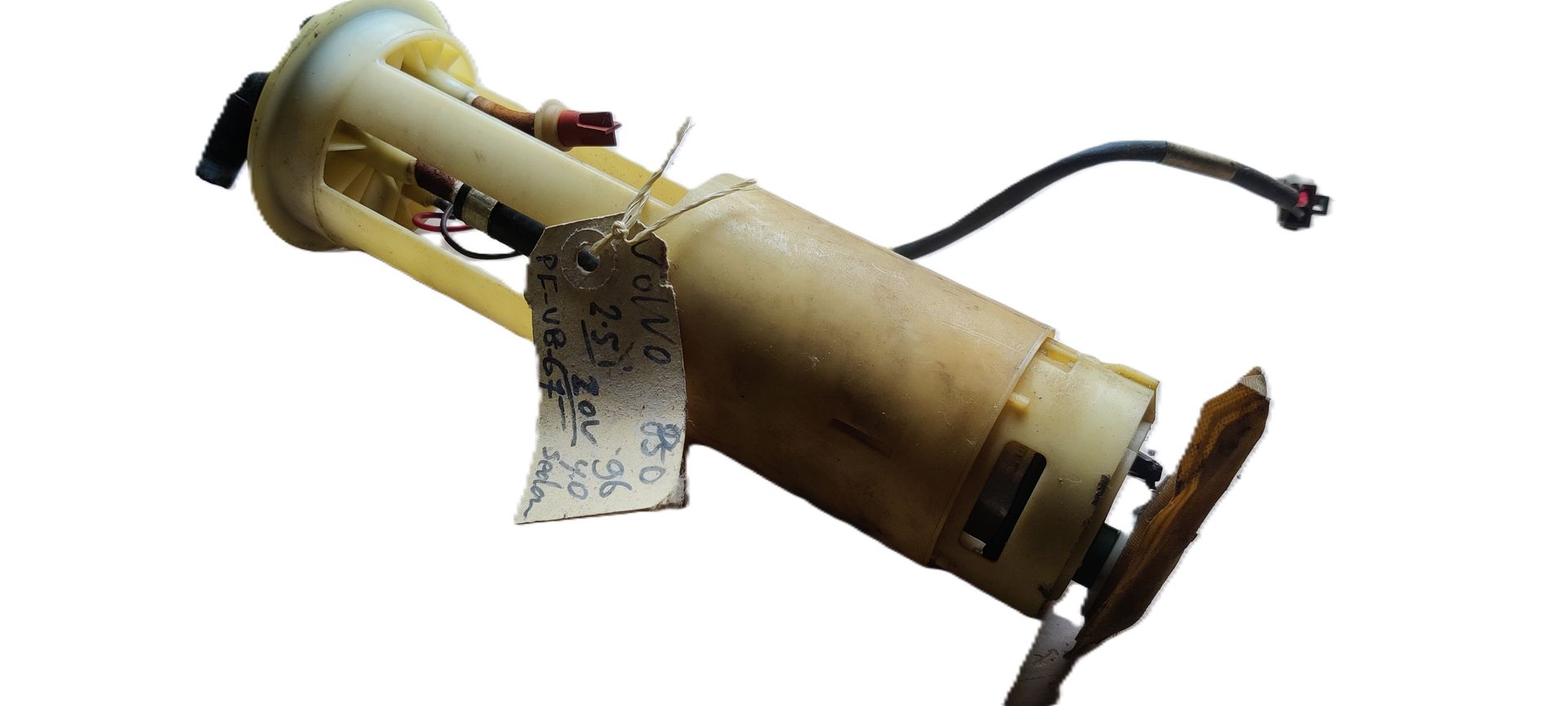 Een crèmekleurige brandstofpompeenheid voor auto's met een bedrade connector en een aangehecht papieren label.