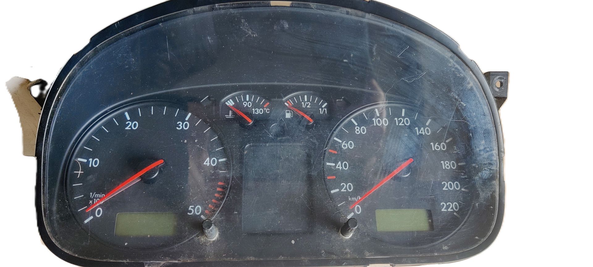 Een zwart instrumentenpaneel voor auto's met een toerenteller links en een snelheidsmeter rechts, beide met wijzers.