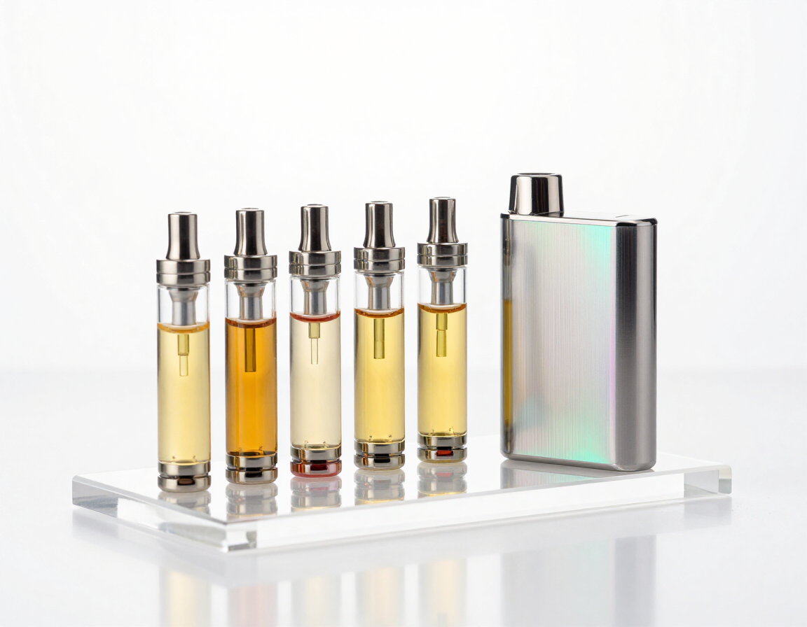 Five vape cartridges and a metallic vape device on a clear acrylic stand