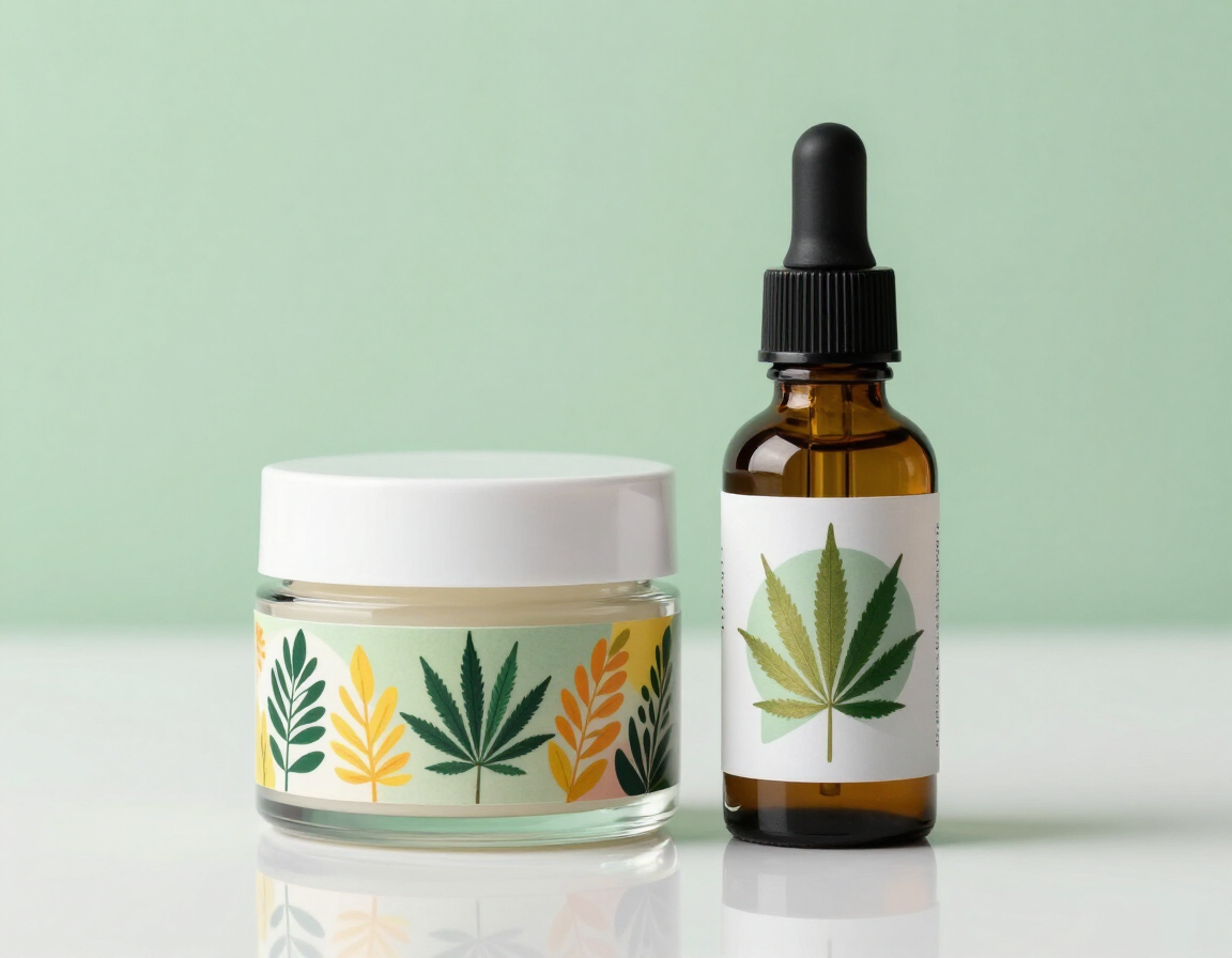 Cannabis leaf skincare jar and dropper bottle on a mint green background