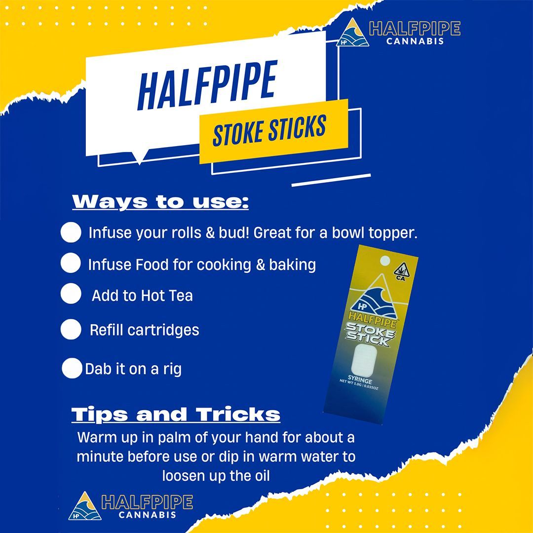 Blue Halpipe Stoke Sticks promo with use tips and a yellow product package on a blue background