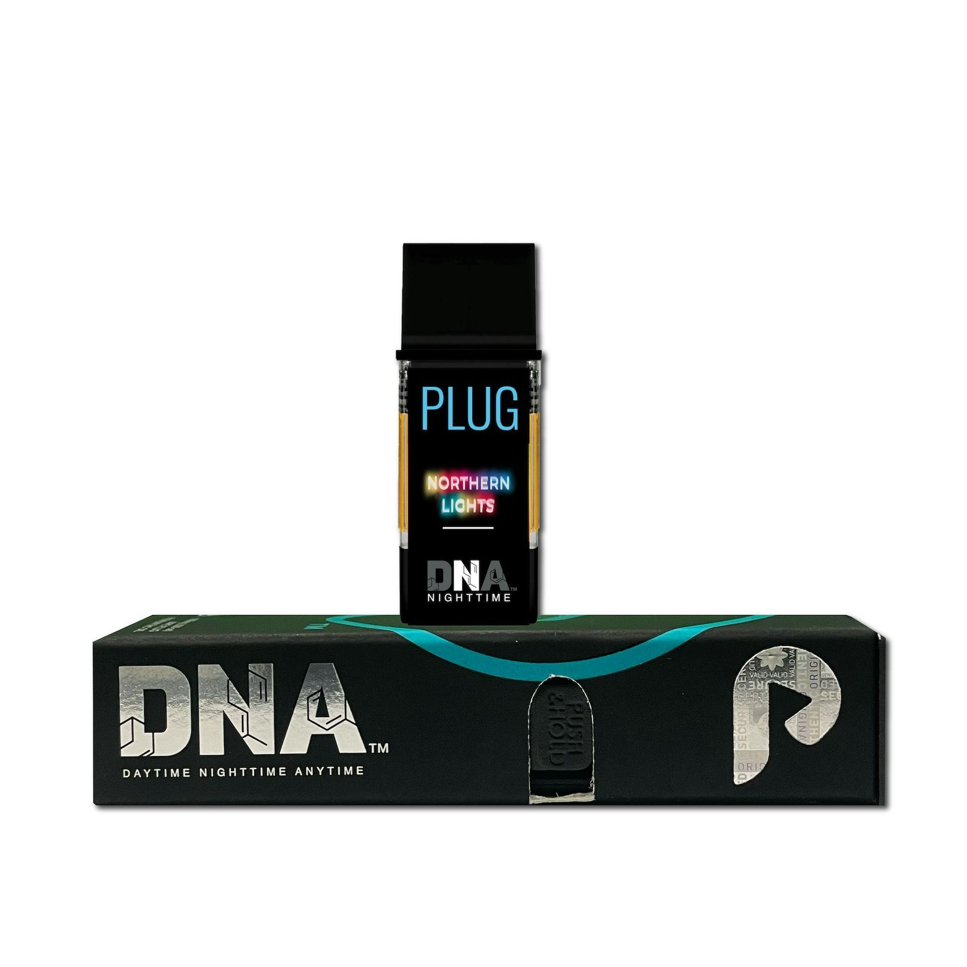 Black DNA PLUG vape cartridge on a DNA box, isolated on white background