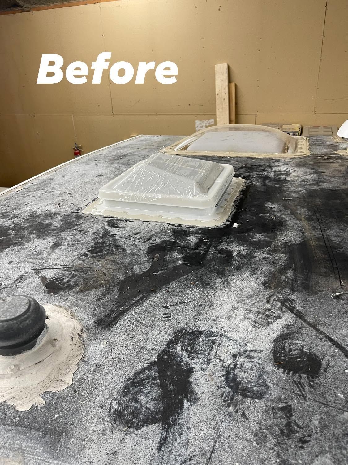 Rooftop surface with white powdery residue and vents, labeled “Before”