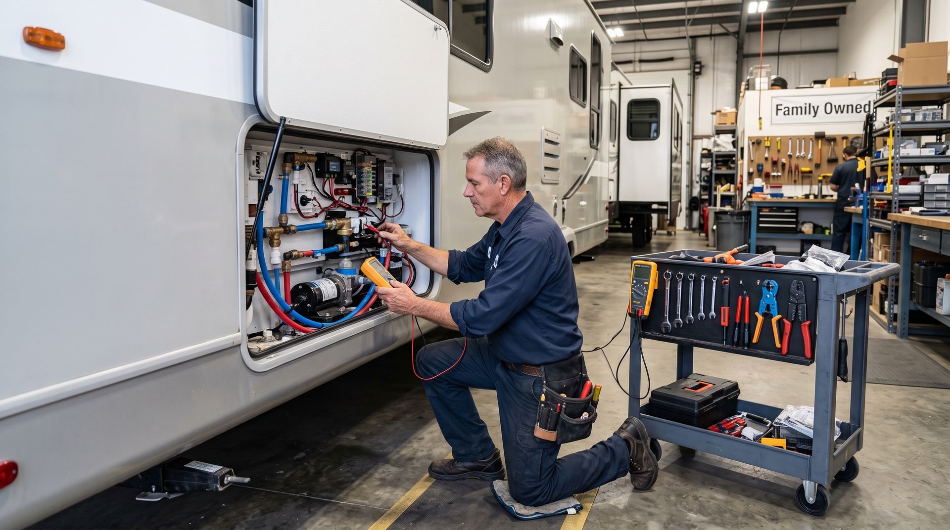 Technician working on exposed wiring in a vehicle service bay beside a white truck chassis