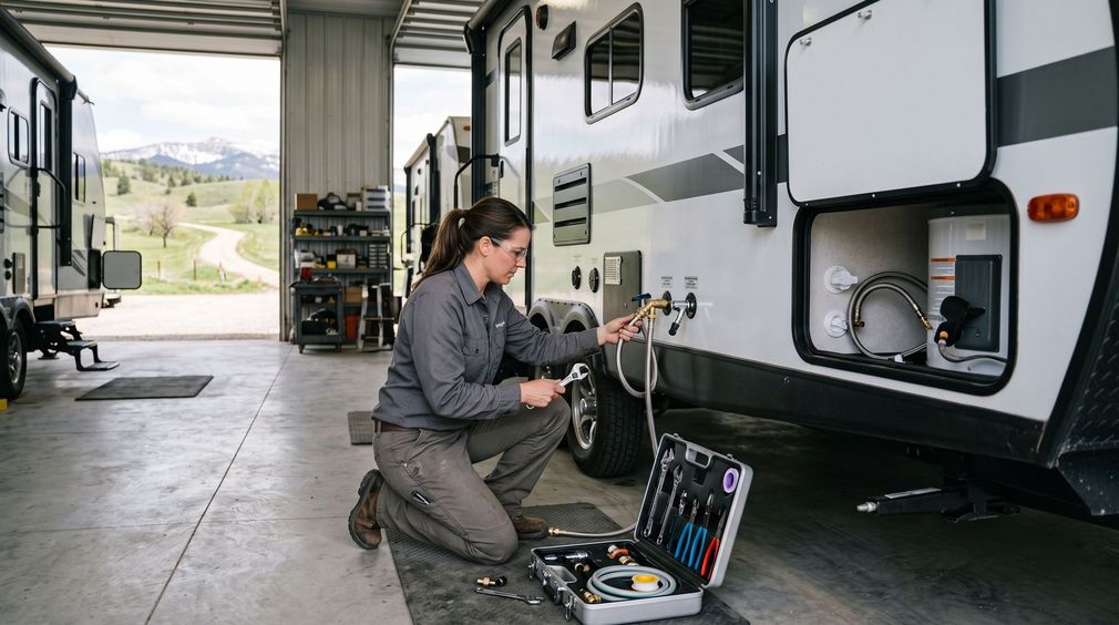 Person kneeling beside an RV, inspecting wiring with tools in a covered garage.