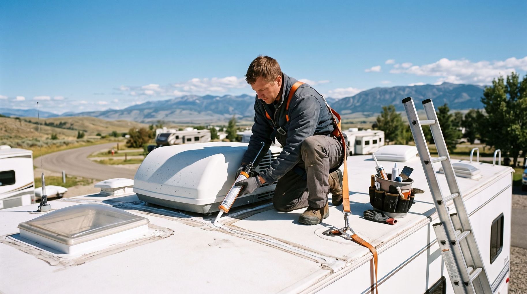 Worker repairing a rooftop vent on a white RV in a mountain desert setting