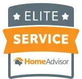 HomeAdvisor Elite Service badge with gray, orange, and white shield design
