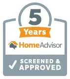 5-year HomeAdvisor screened and approved badge with a gray checkmark and orange banner