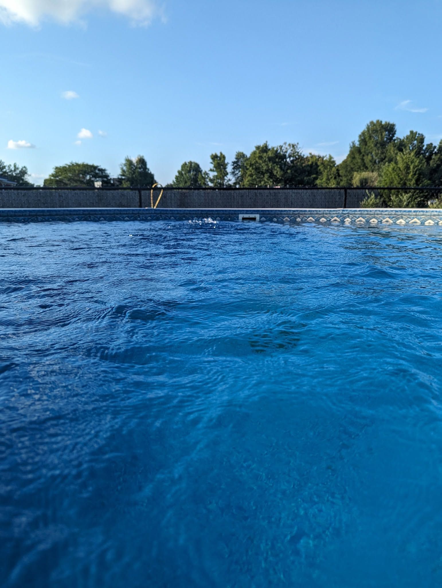 Blue water with a stone wall and trees under a clear sky
