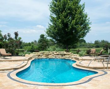 Curved backyard pool with blue water, stone deck, lounge chairs, and a tree in the background