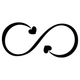 Black infinity symbol with two heart-shaped arrows pointing towards each other.