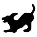 Black silhouette of a dog in a playful pose, tail up, head tilted, front paw extended.