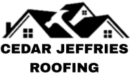 Cedar Jeffries Roofing logo: houses with a hammer, black and white.