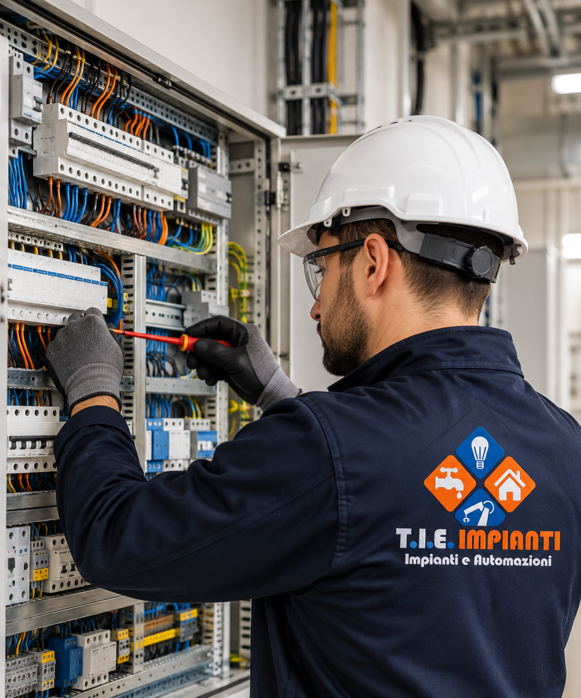 Elettricista con casco di sicurezza che cabla un quadro di controllo in un armadio elettrico industriale