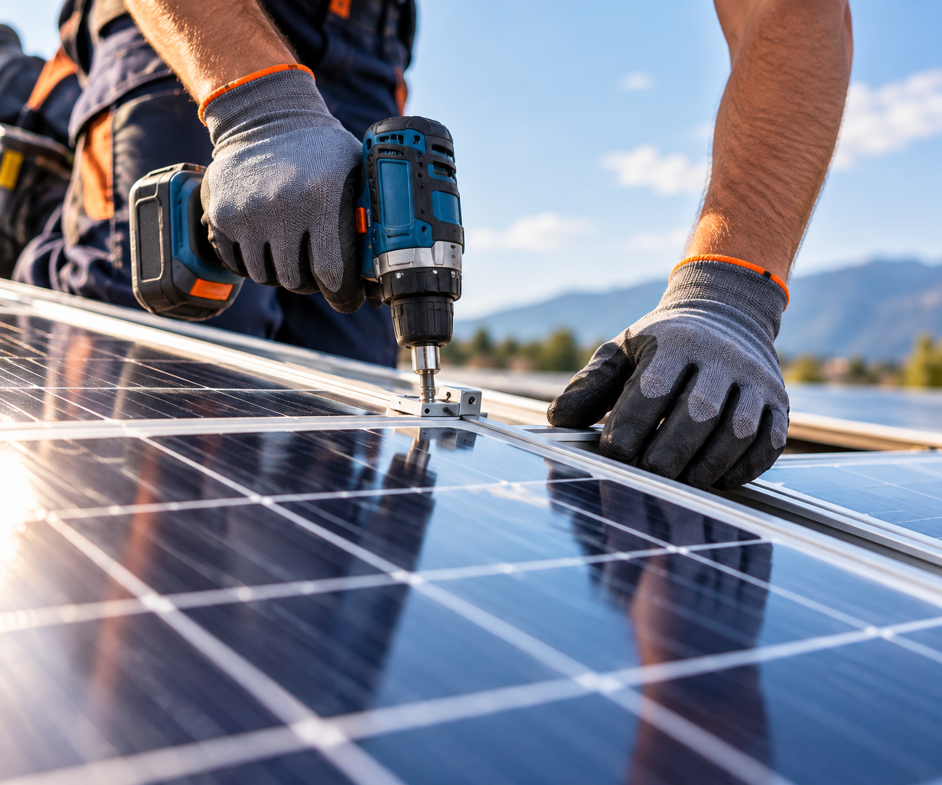 Mani guantate che installano pannelli solari su un tetto con un trapano elettrico