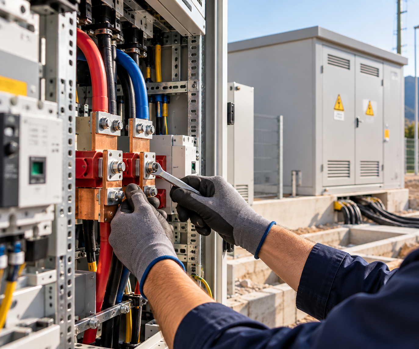 Tecnico cabla un quadro elettrico di controllo con utensili isolati in un sito industriale all’aperto