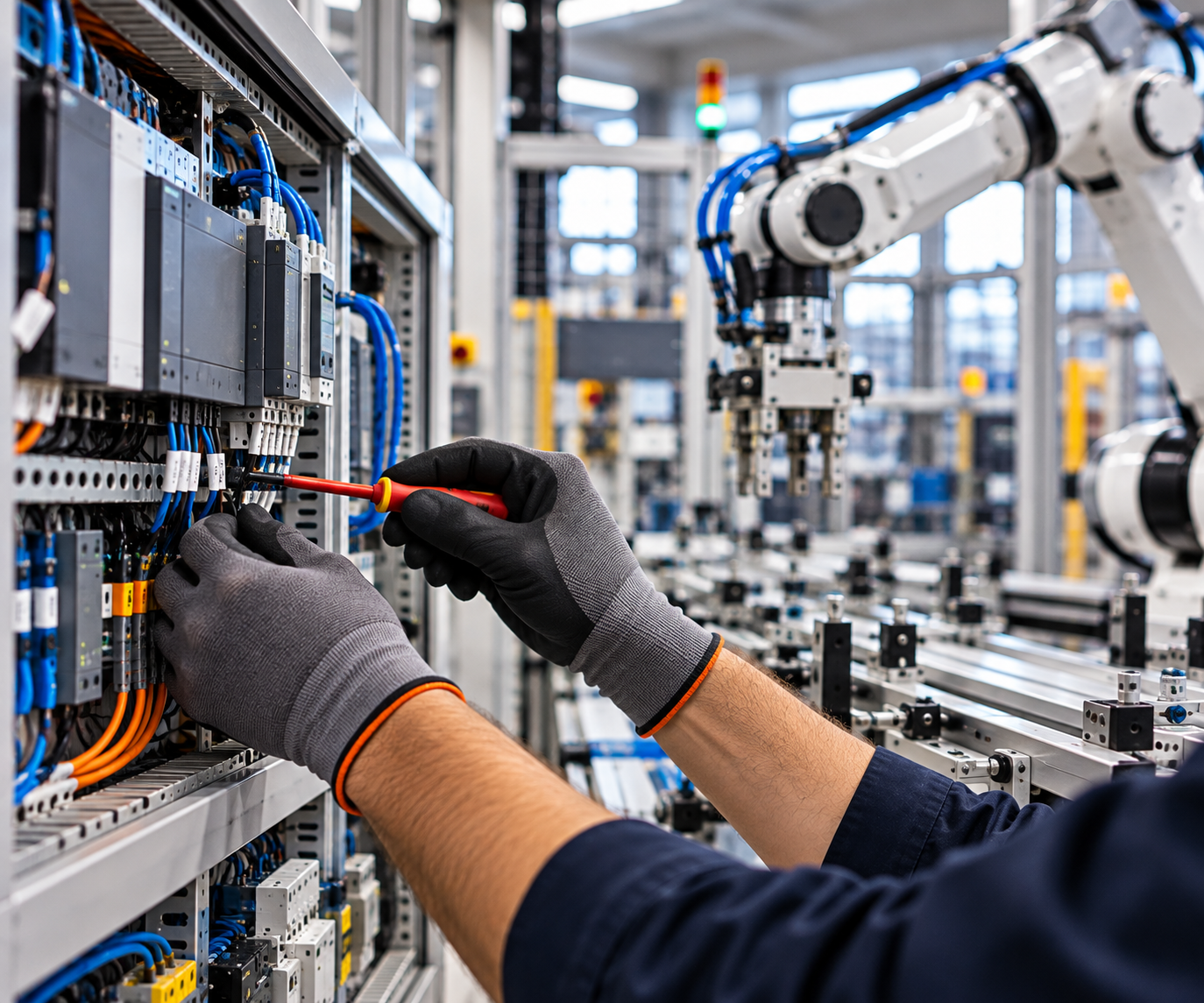 Tecnico cabla un quadro di controllo in una fabbrica di robotica industriale