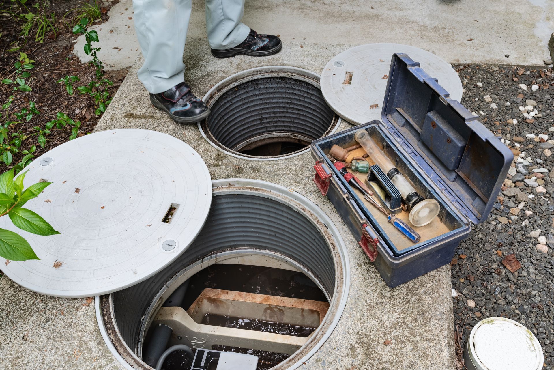 Person inspecting septic tanks with open lids and toolbox nearby.