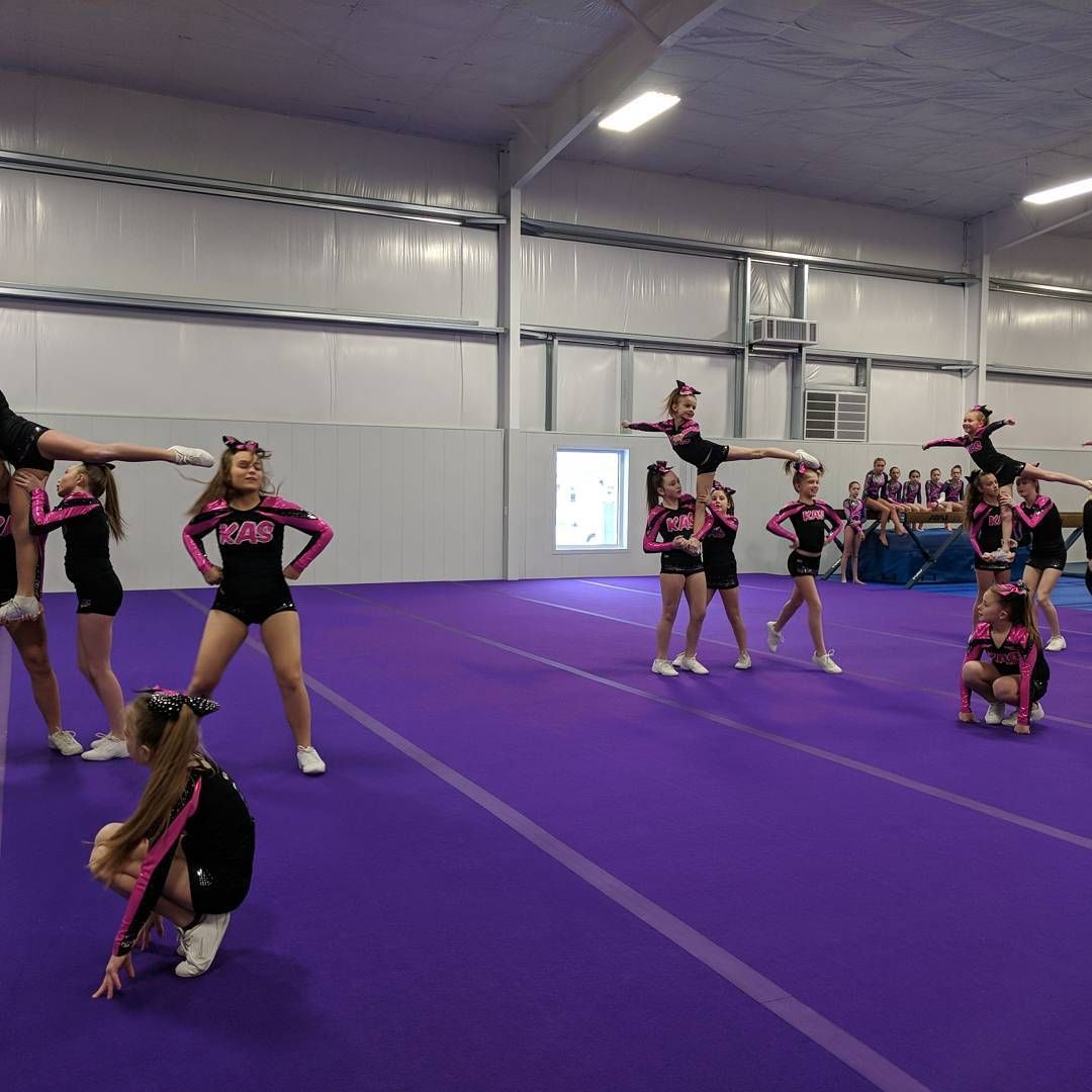 Cheerleaders in black and pink uniforms performing stunts on a purple mat inside a gymnasium