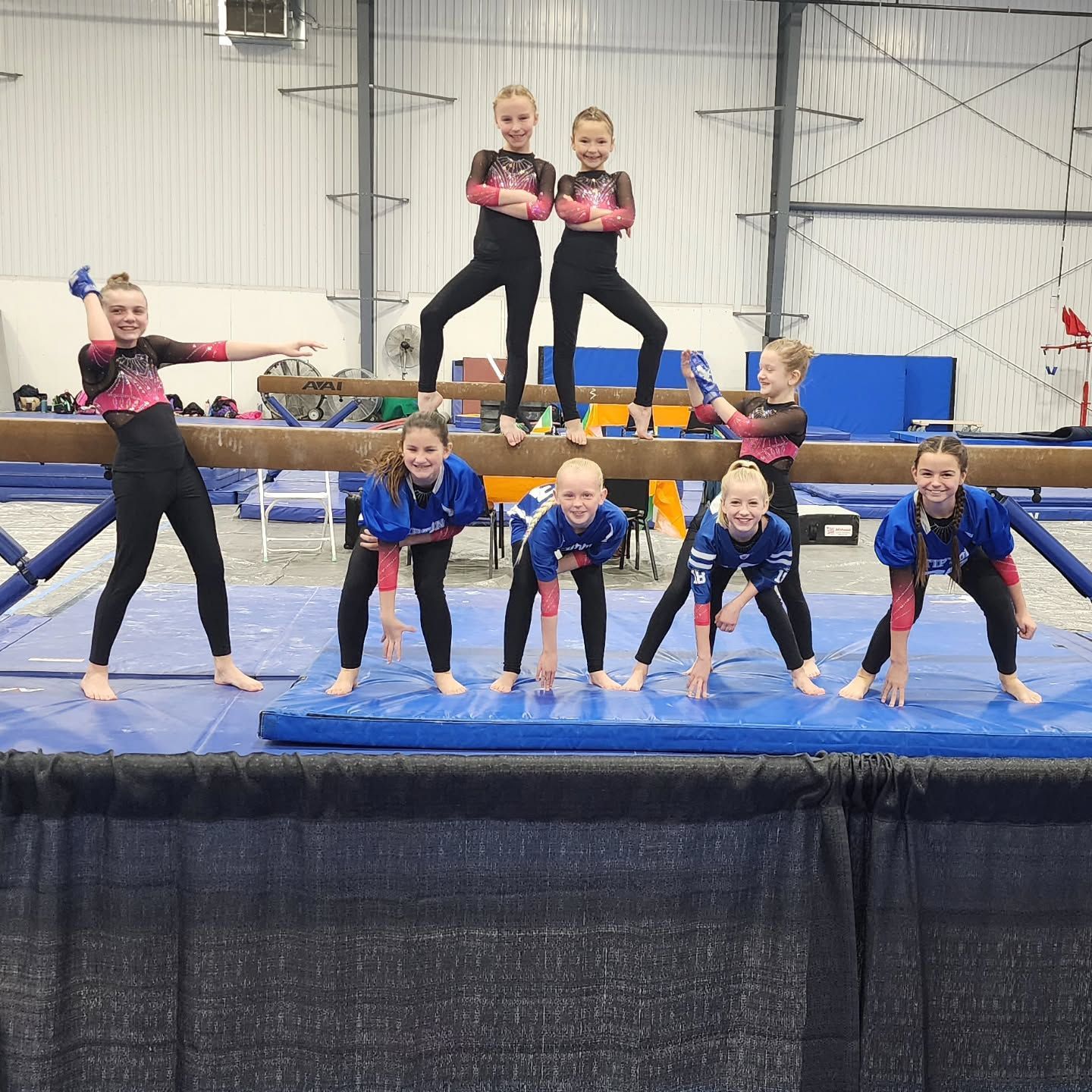 Gymnasts posing on a blue mat in a gym, with one athlete held aloft and others lined up below.