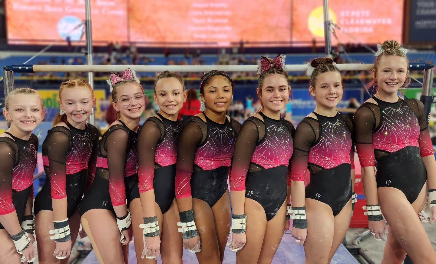 Row of gymnasts in black and pink leotards posing on a competition floor