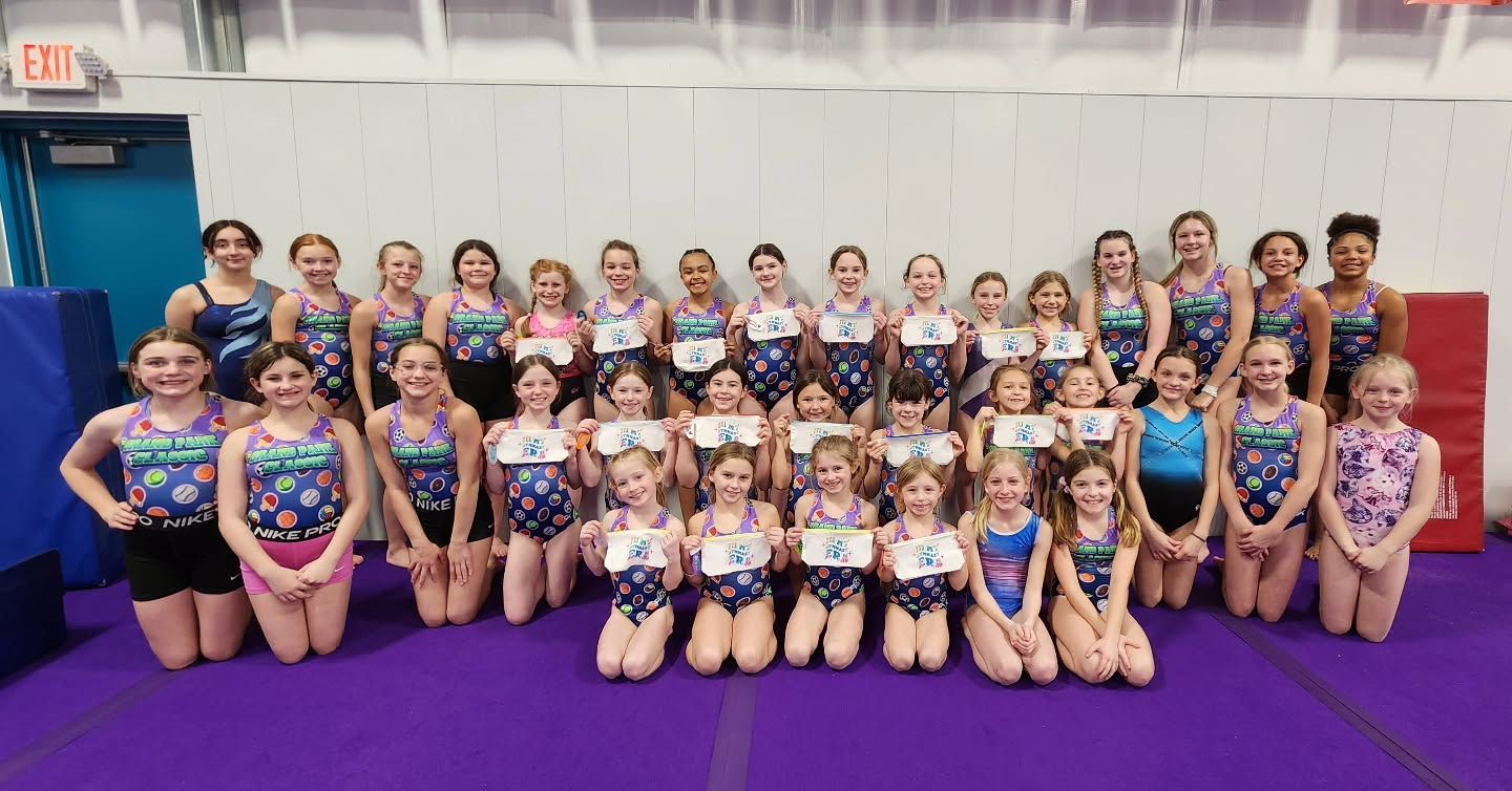 Large group in matching sparkly leotards posing on purple mats in a gymnasium