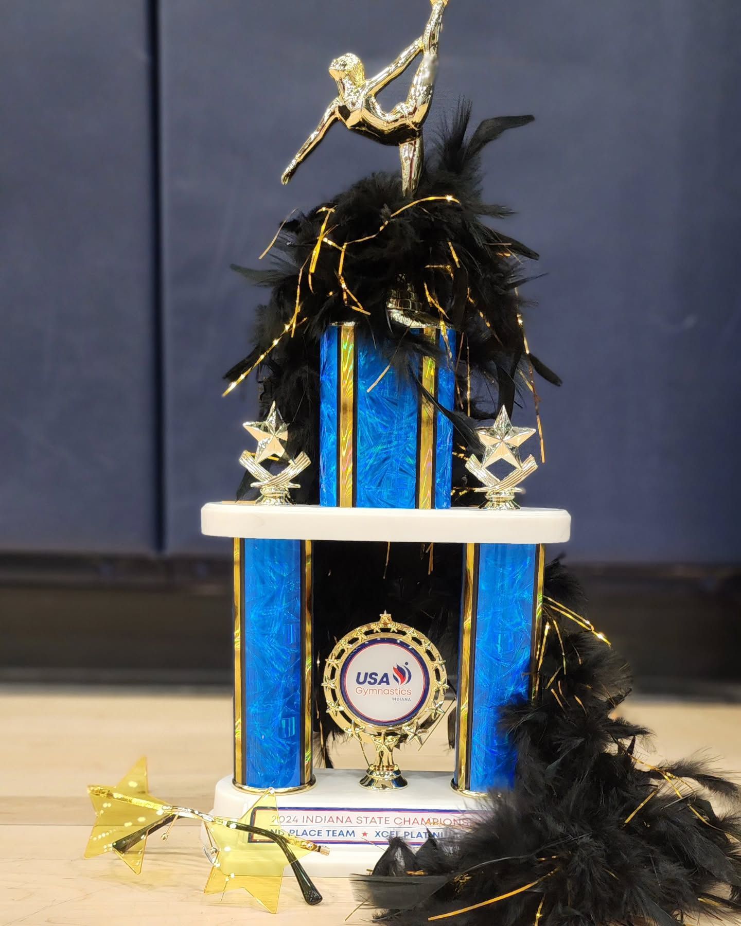 Blue-and-gold trophy with black feather trim and star decorations on a tabletop