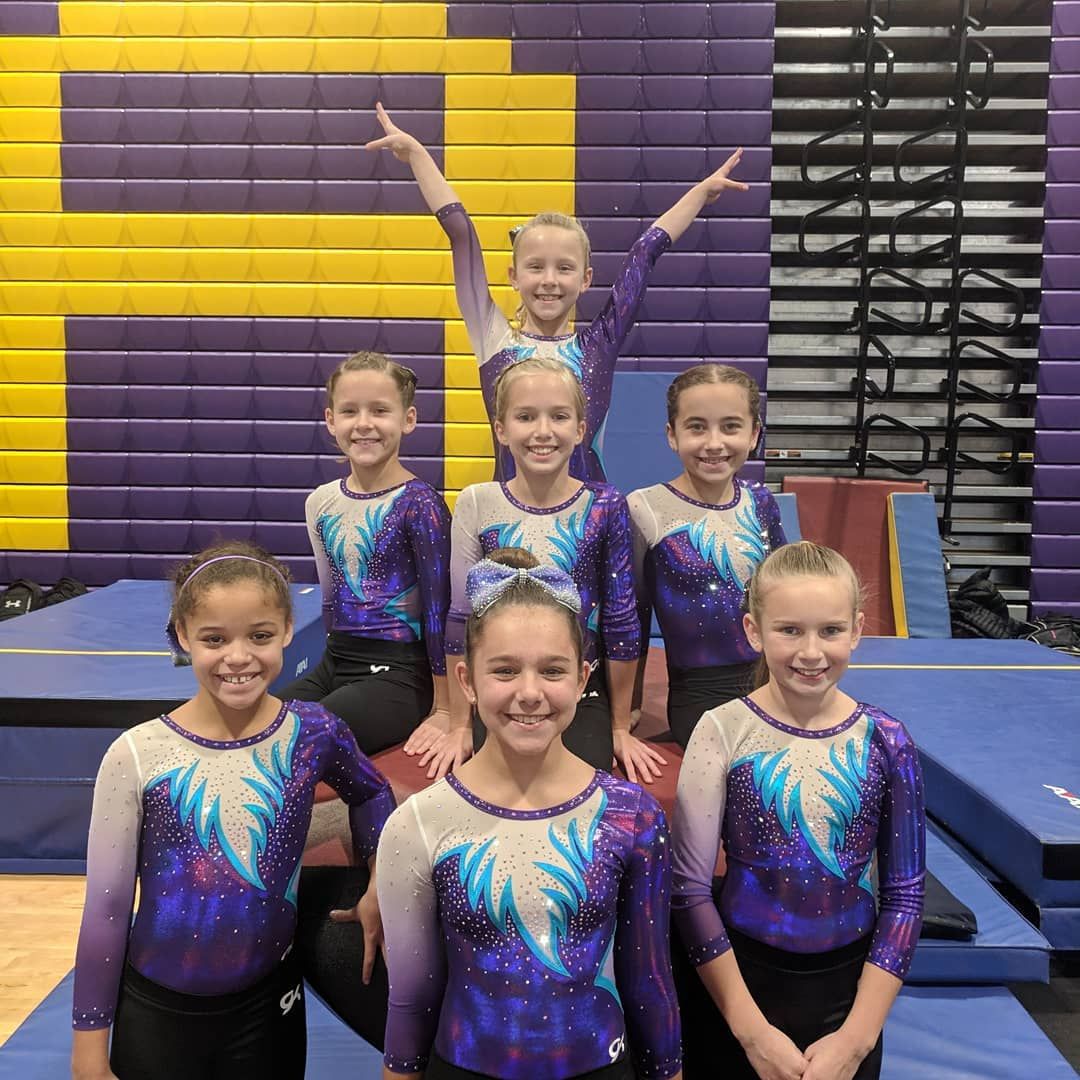 Seven gymnasts in sparkly purple leotards pose on a gym mat, smiling with arms raised
