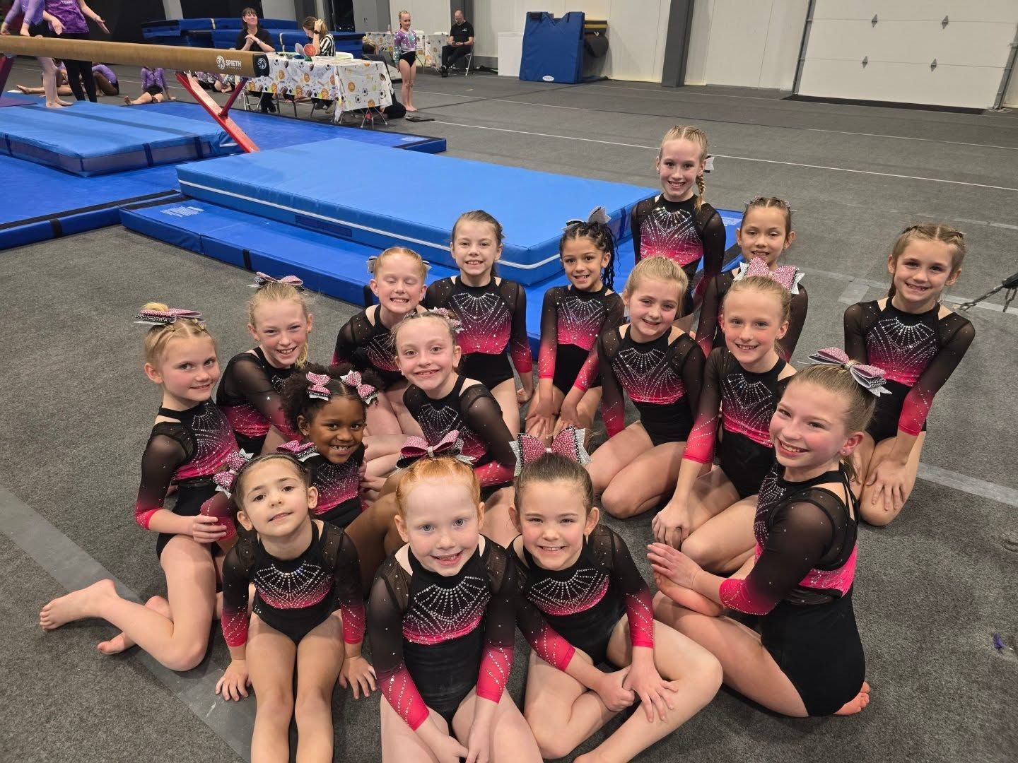 Group of gymnasts in black and pink leotards posing together on a gym floor, smiling after practice