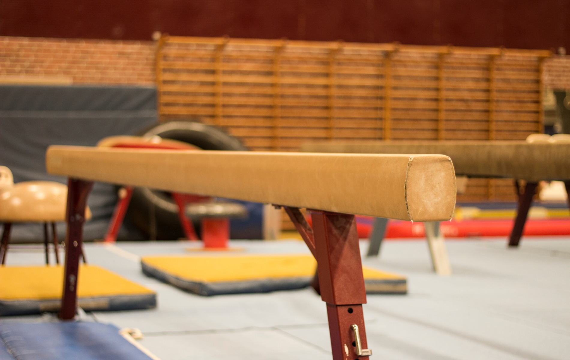 Gymnastics pommel horse in an indoor training hall with mats and stacked benches in the background