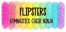 Colorful glitter banner reading “FLIPSTERS” with “GYMNASTICS CHEER NINJA” below on a white background