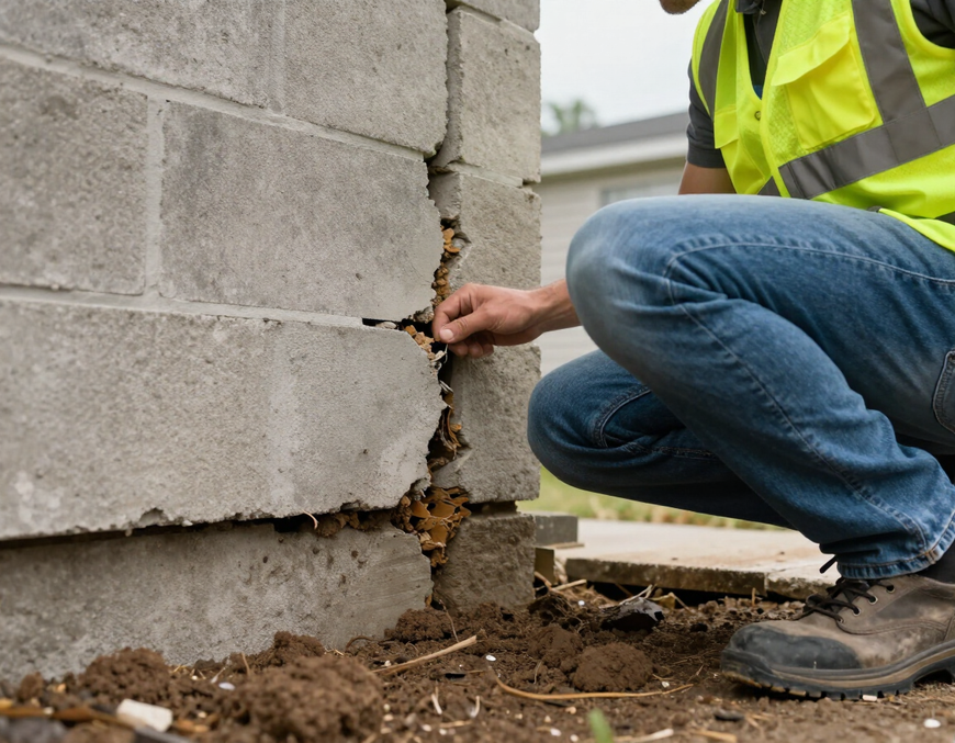 Foundation repair specialist inspecting a crack in a Nashville home's foundation wall