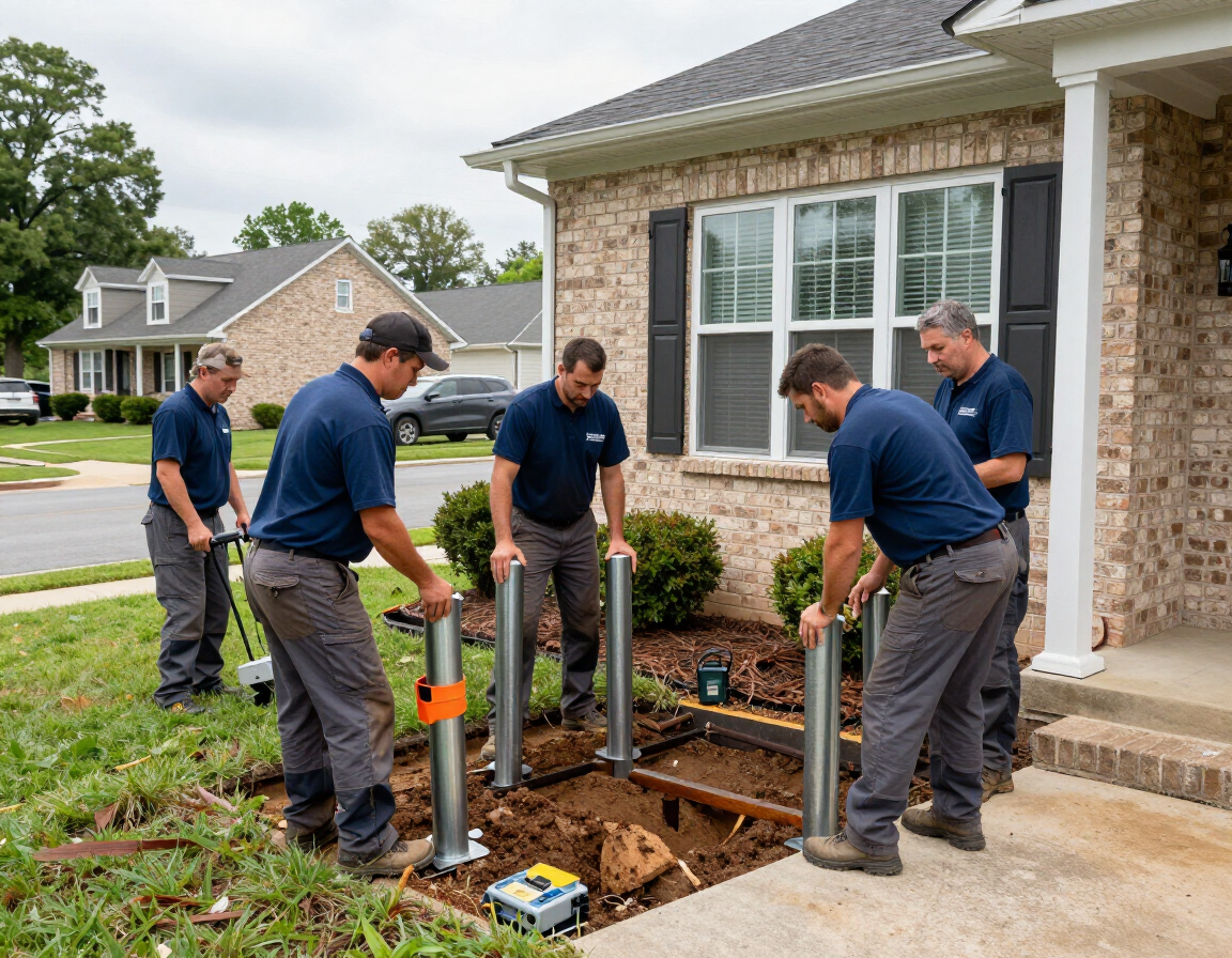 Push pier installation crew in Murfreesboro subdivision