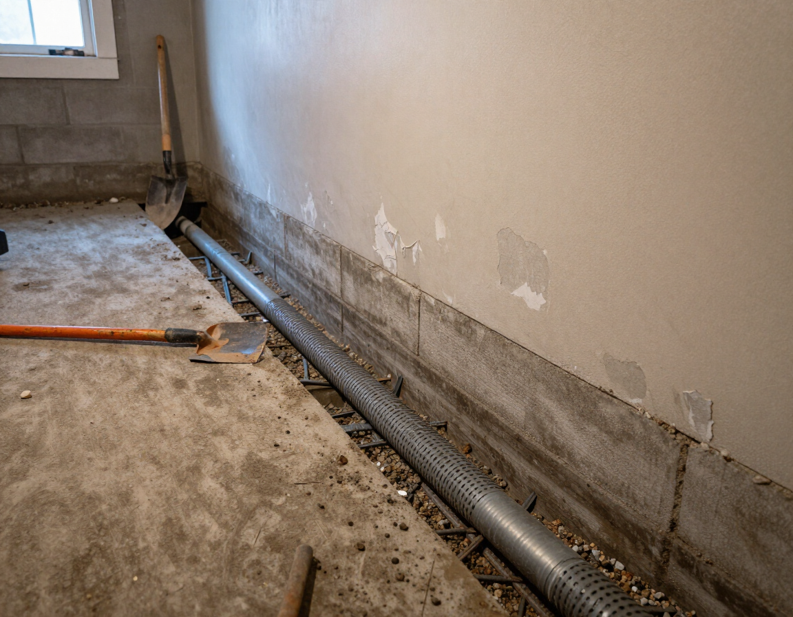 Basement drainage channel installation in Gallatin home