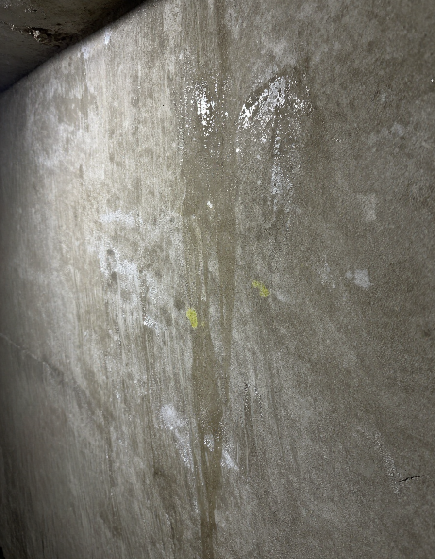 Damp basement wall with efflorescence and moisture staining